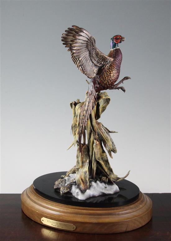 Frank Divita (b.1949) Ringneck Rising. A cold painted bronze of a pheasant taking flight, height overall 14.5in.